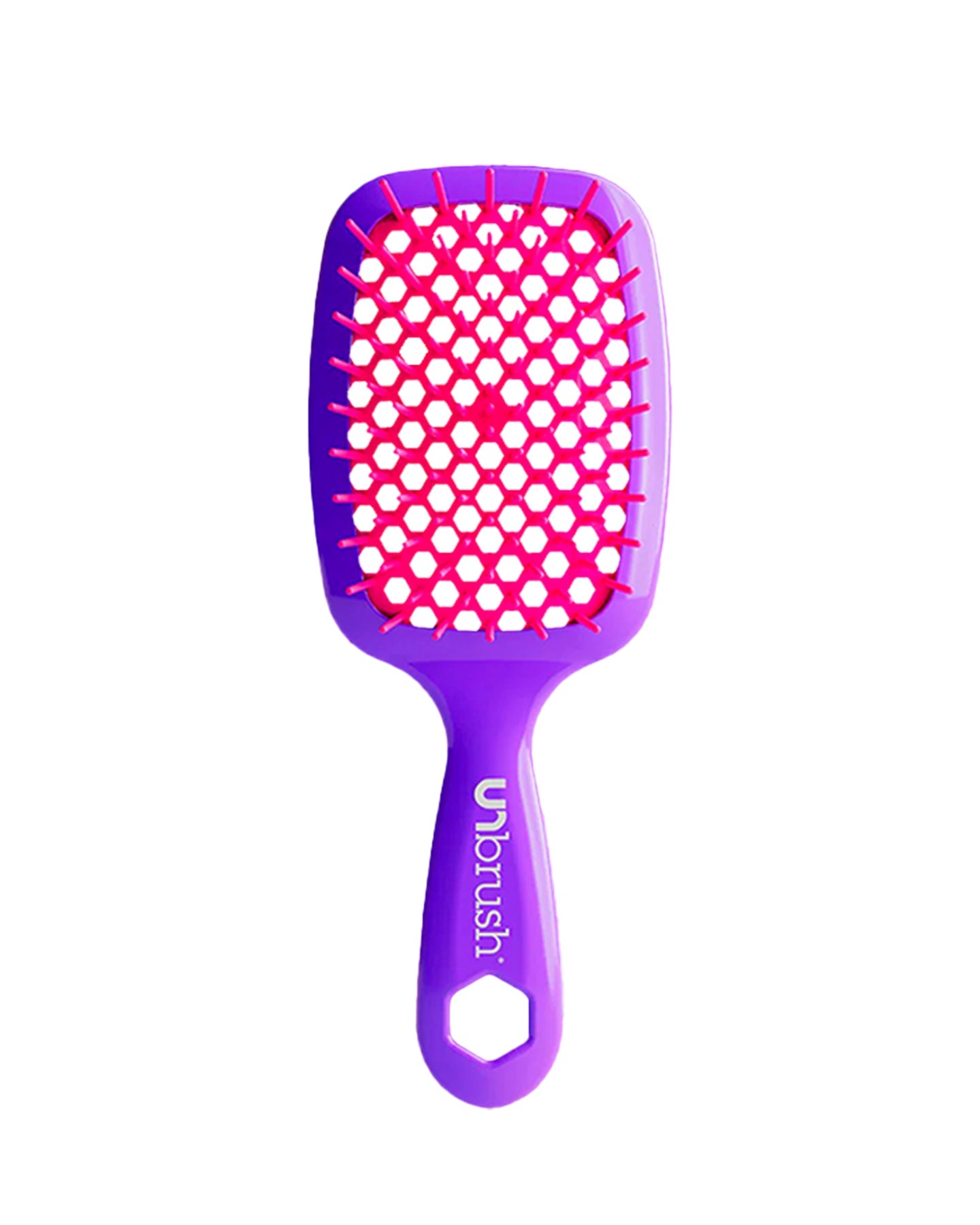 Vibrant Purple Unbrush detangling brush with vibrant pink hexagon bristle pattern, designed for gentle use on wet or dry hair.
