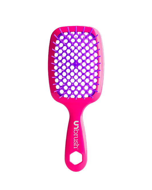 Vibrant Pink Unbrush detangling brush with vibrant purple hexagon bristle pattern, designed for gentle use on wet or dry hair.