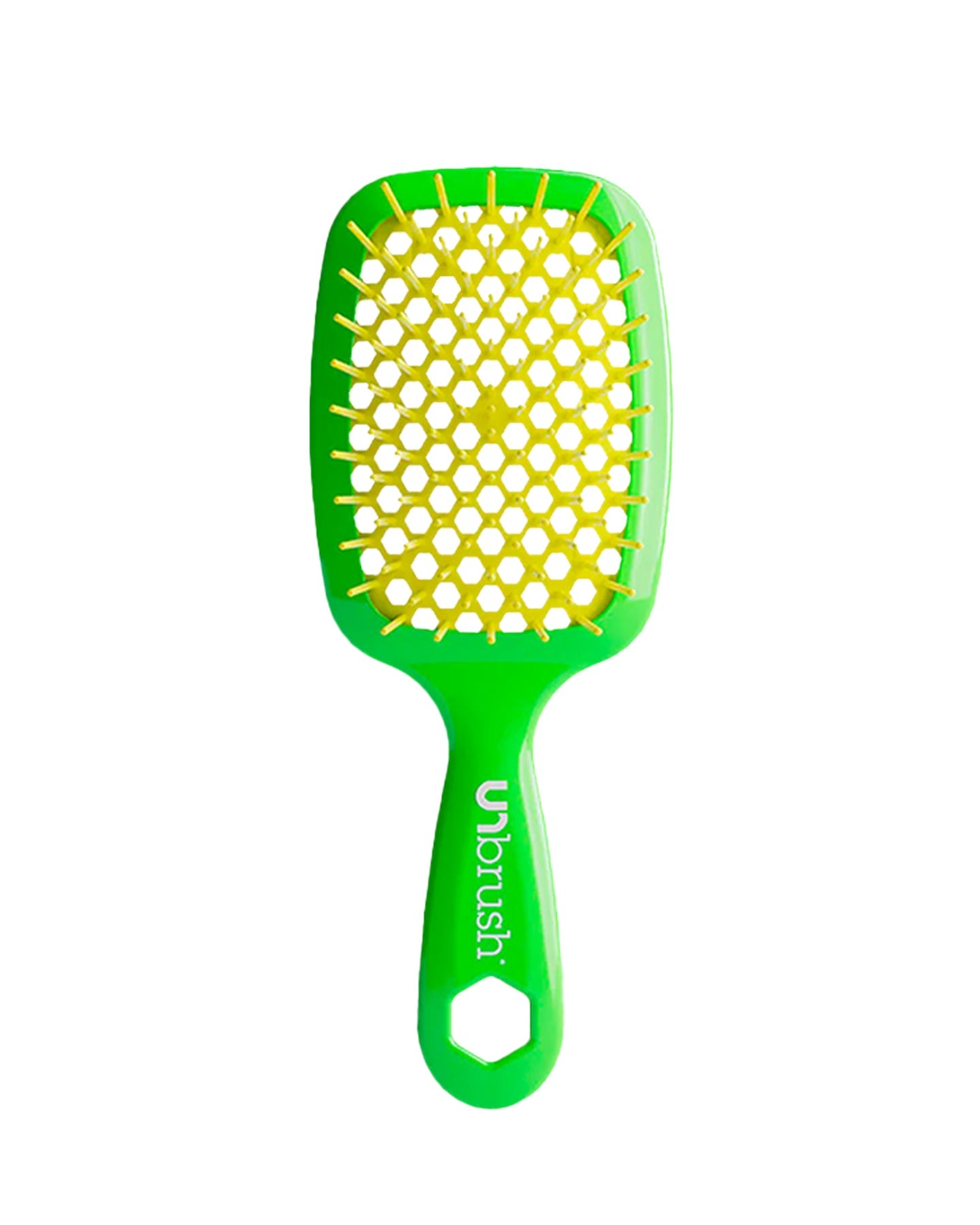 Vibrant Green Unbrush detangling brush with vibrant yellow hexagon bristle pattern, designed for gentle use on wet or dry hair.