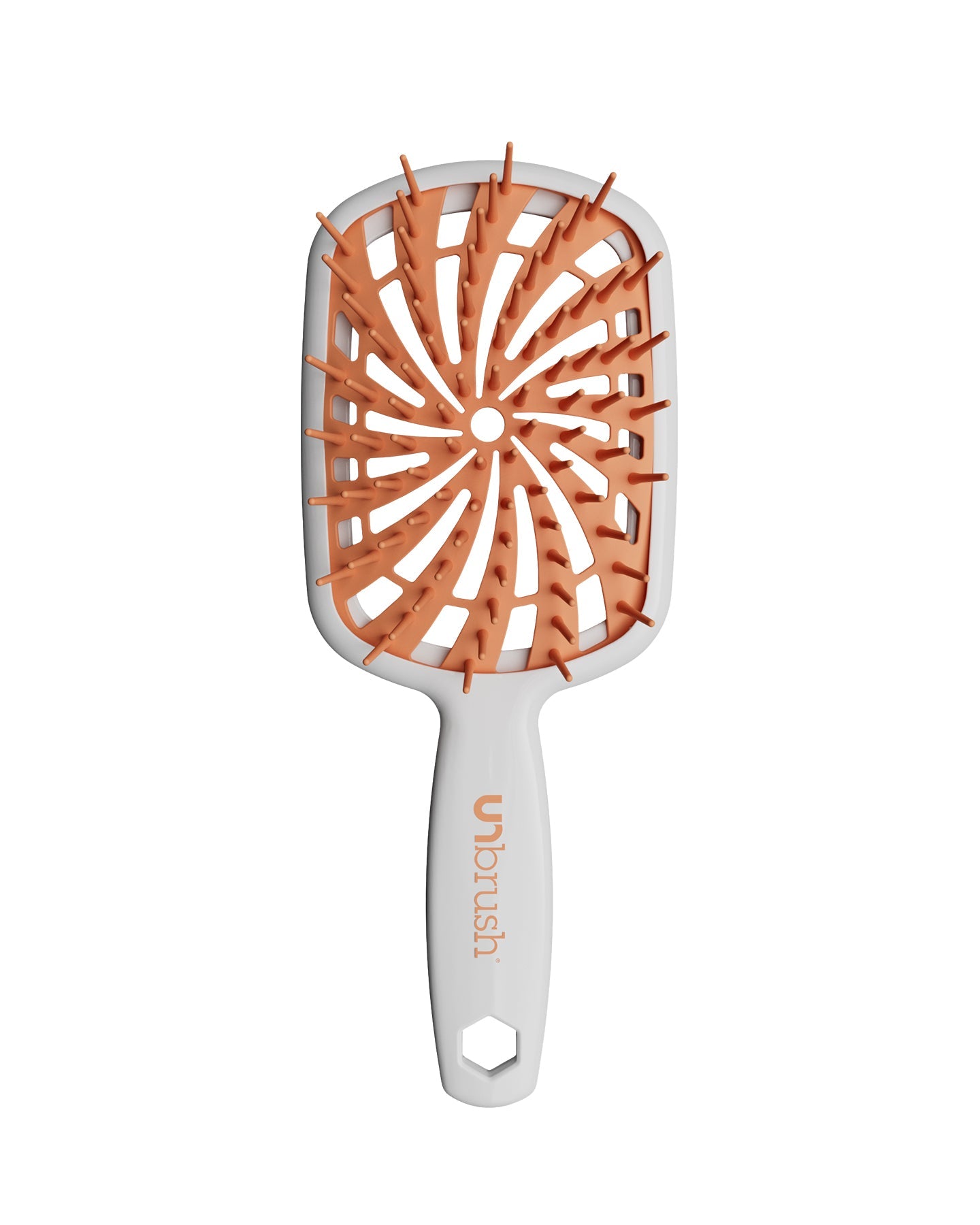 White Unbrush Plus detangling brush with orange spiral bristle pattern, designed for gentle use on wet or dry hair.