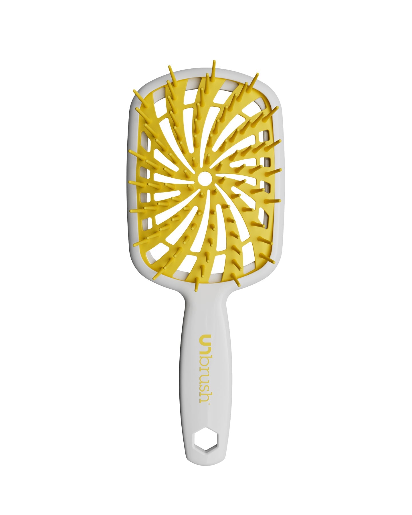 White Unbrush Plus detangling brush with yellow spiral bristle pattern, designed for gentle use on wet or dry hair.
