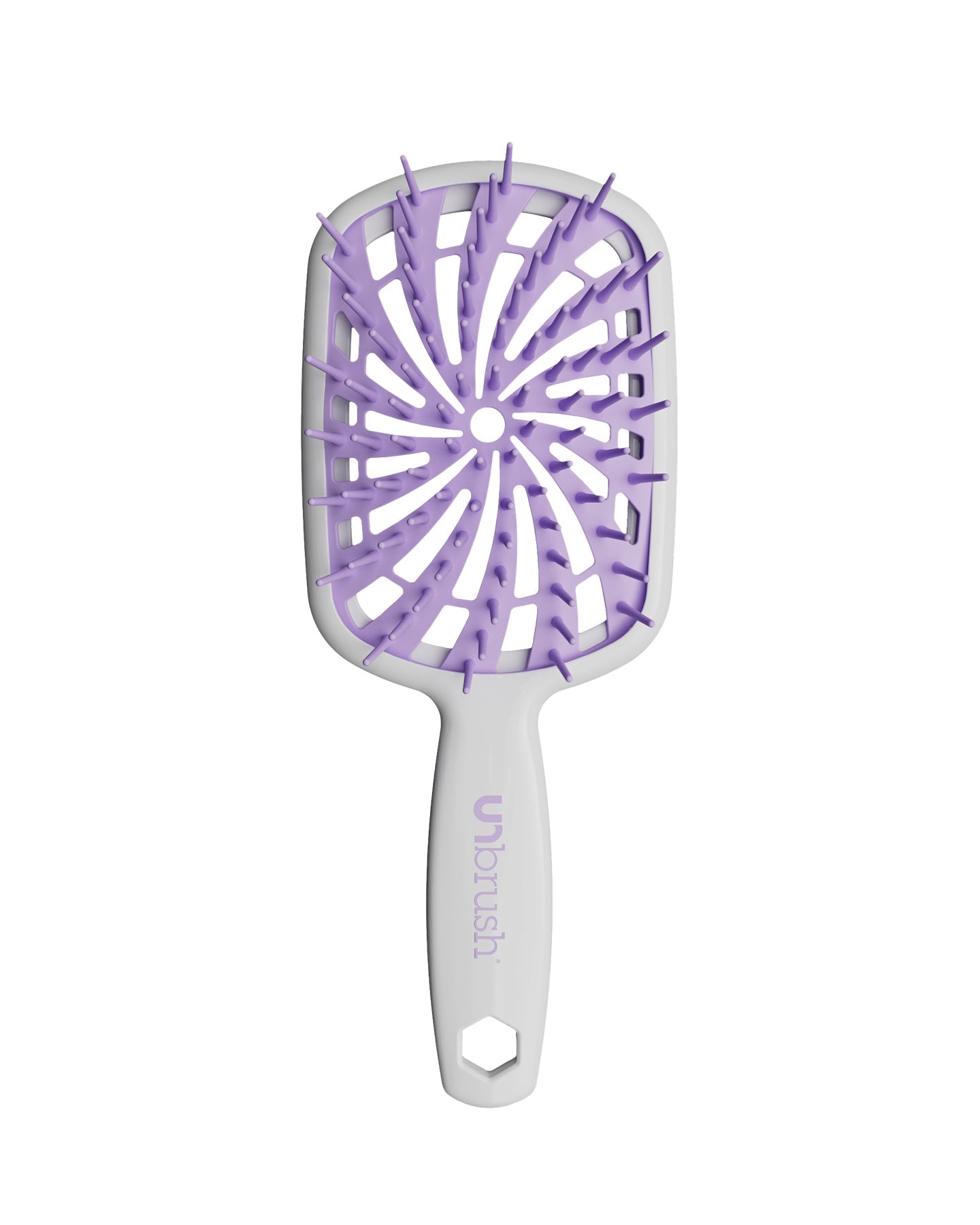 White Unbrush Plus detangling brush with purple spiral bristle pattern, designed for gentle use on wet or dry hair.