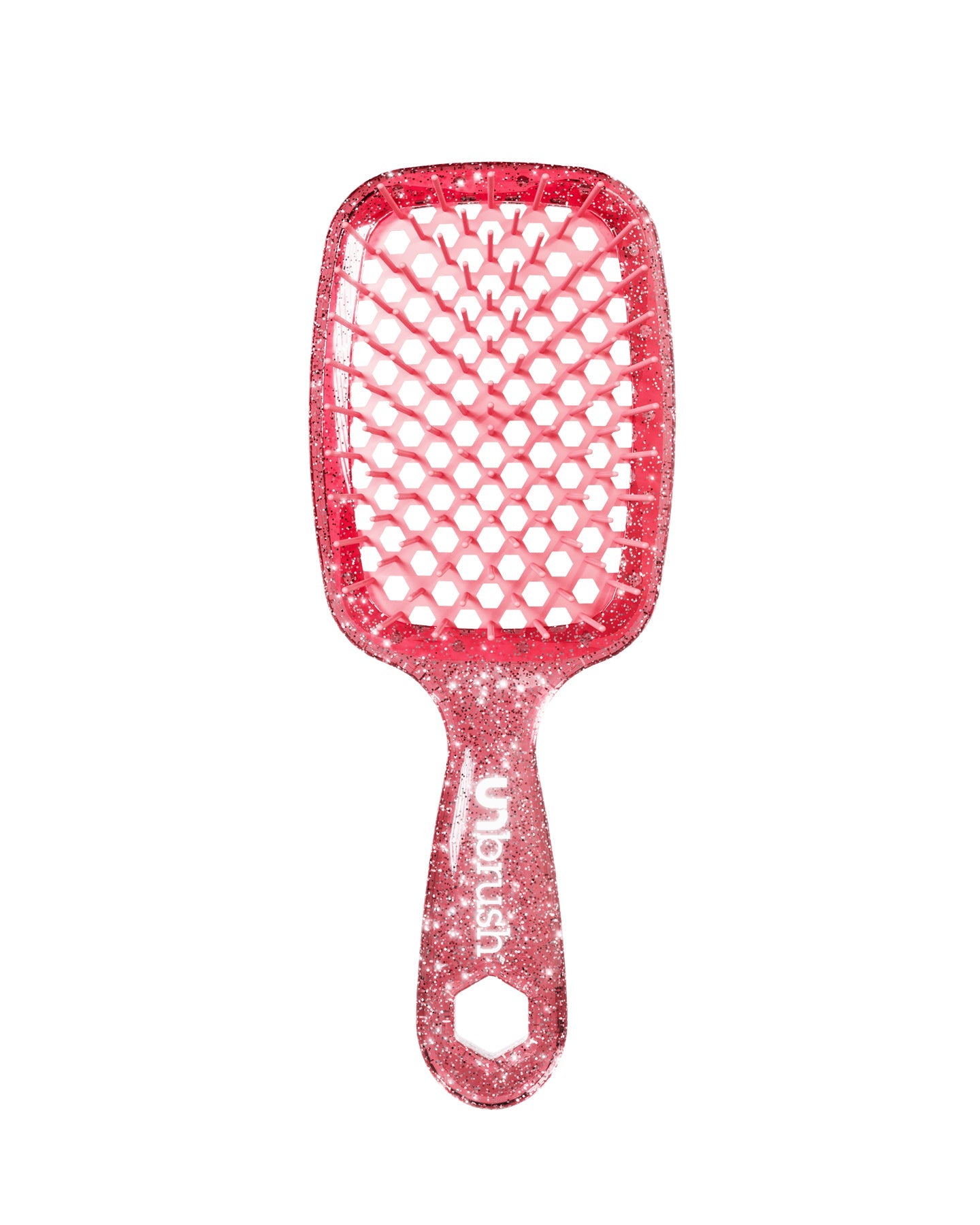 Glitter Red Unbrush detangling brush with red hexagon bristle pattern, designed for gentle use on wet or dry hair.