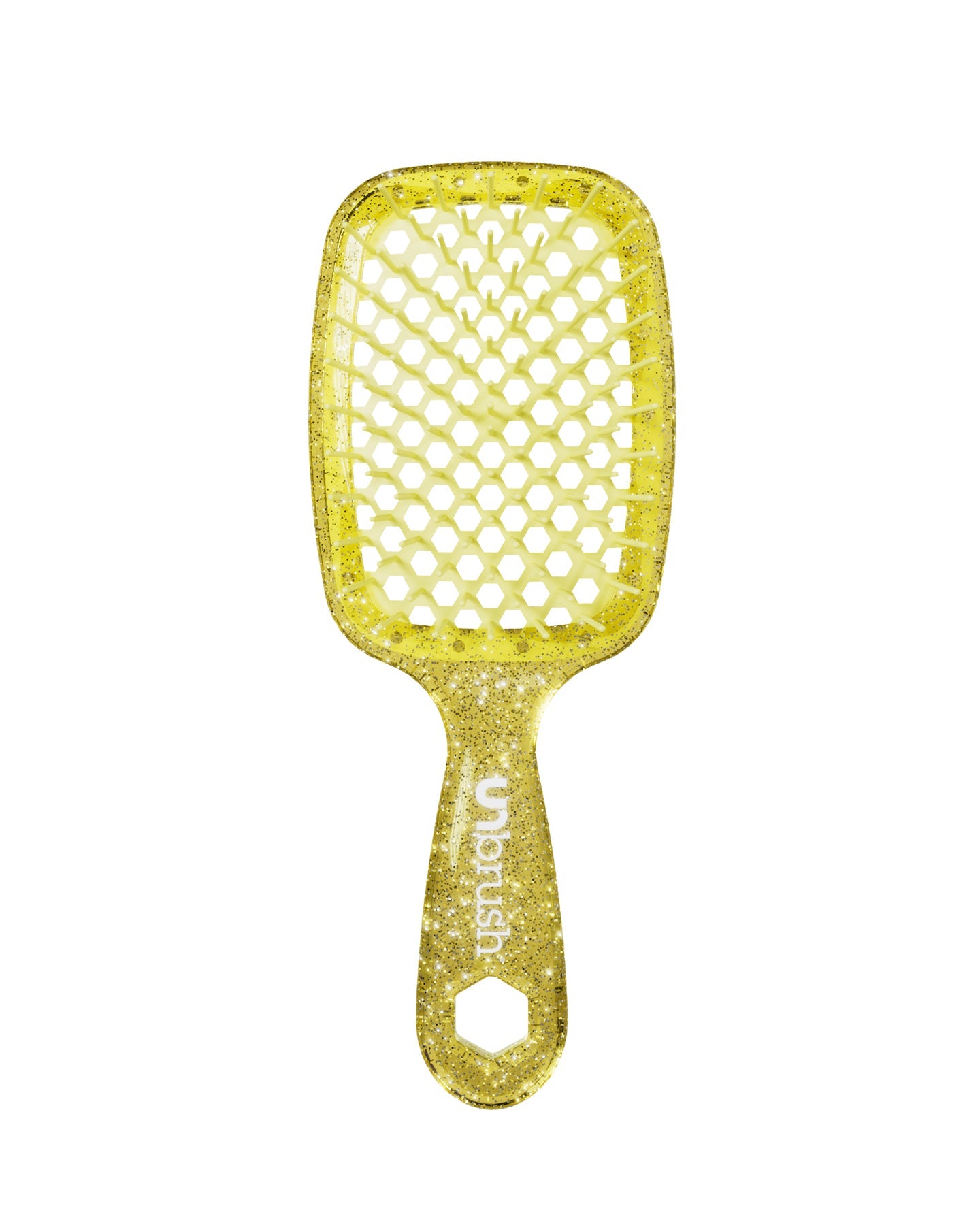 Glitter Yellow Unbrush detangling brush with yellow hexagon bristle pattern, designed for gentle use on wet or dry hair.