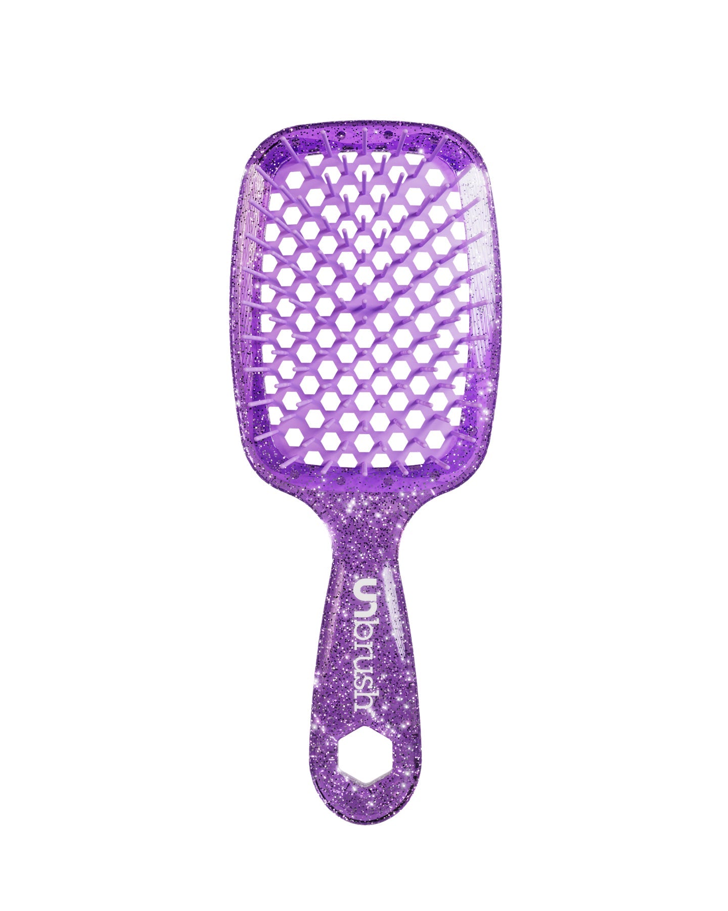 Glitter Purple Unbrush detangling brush with purple hexagon bristle pattern, designed for gentle use on wet or dry hair.