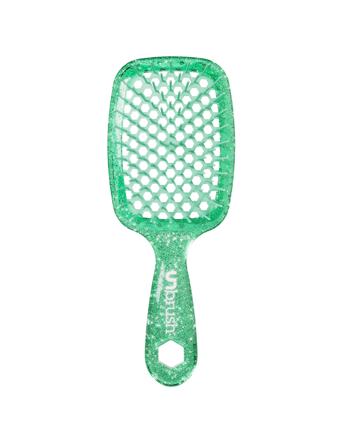 Glitter Teal Unbrush detangling brush with teal hexagon bristle pattern, designed for gentle use on wet or dry hair.