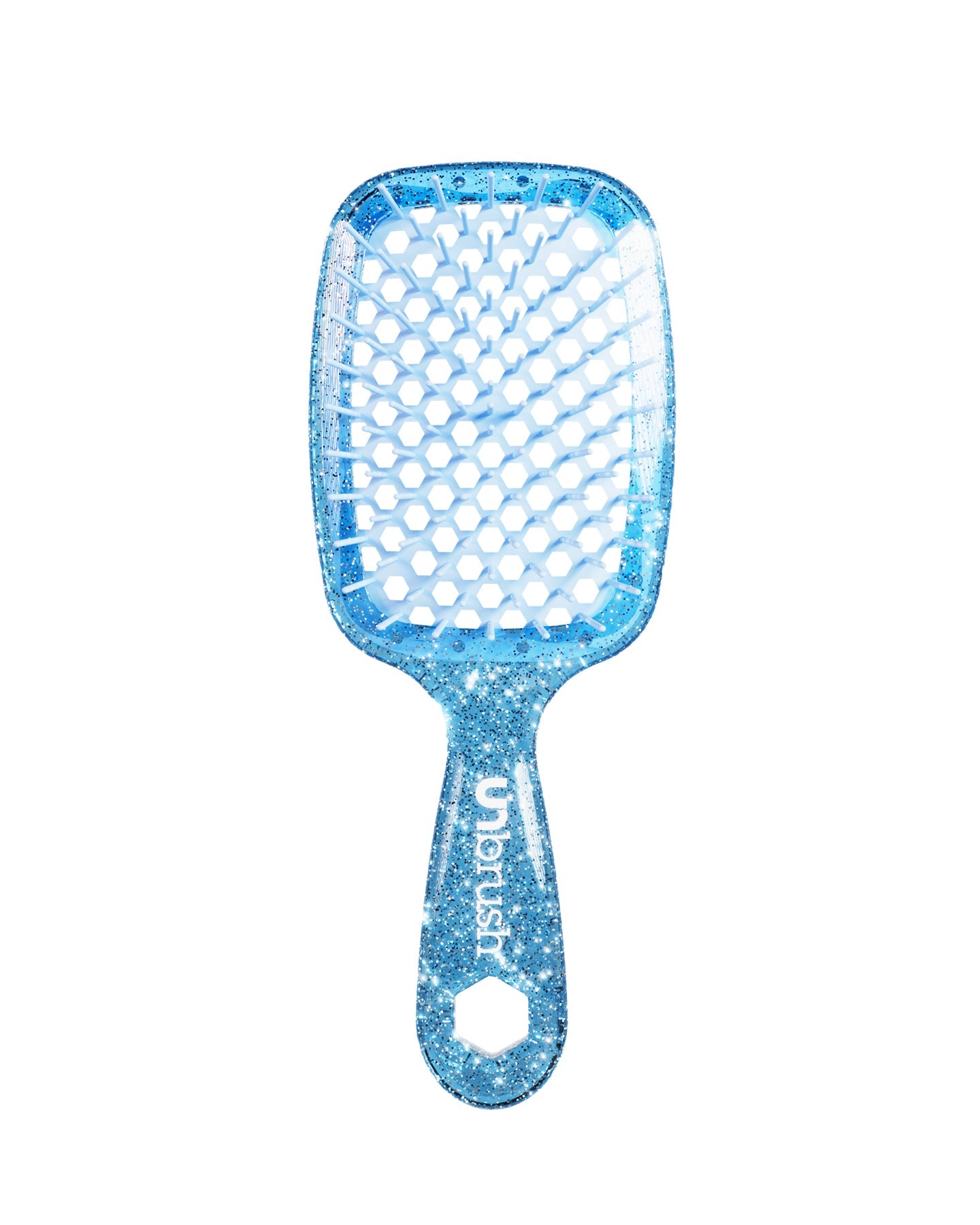 Glitter Blue Unbrush detangling brush with blue hexagon bristle pattern, designed for gentle use on wet or dry hair.
