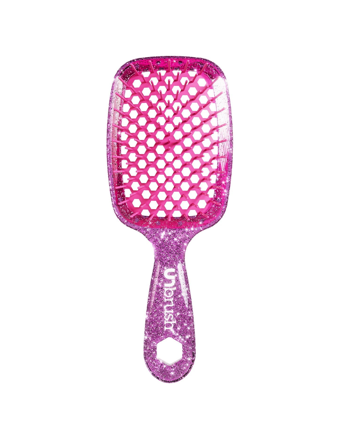Glitter Pink Unbrush detangling brush with pink hexagon bristle pattern, designed for gentle use on wet or dry hair.
