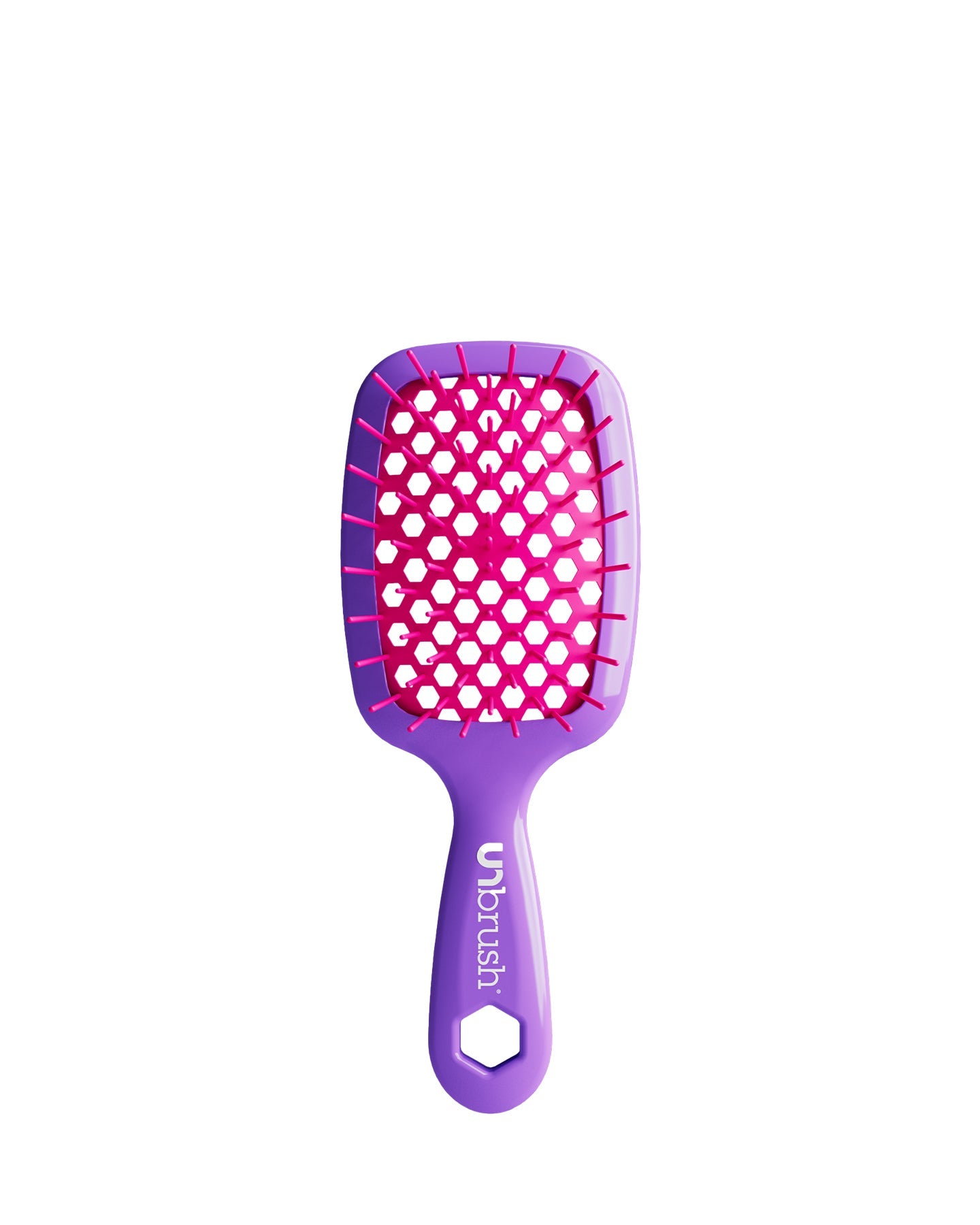 Vibrant Purple Unbrush Mini detangling brush with vibrant pink hexagon bristle pattern, designed for gentle use on wet or dry hair.