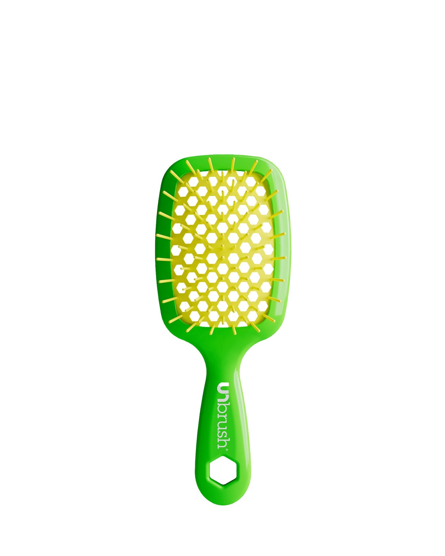 Vibrant Green Unbrush Mini detangling brush with vibrant yellow hexagon bristle pattern, designed for gentle use on wet or dry hair.