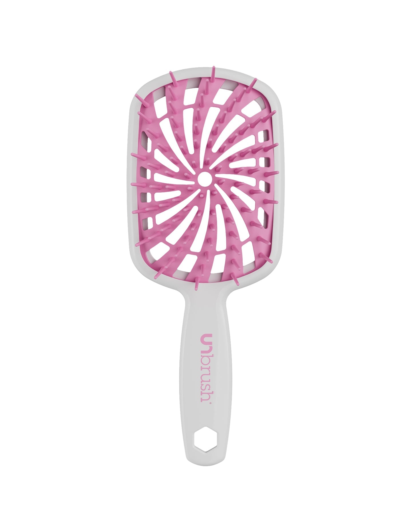 White Unbrush Plus detangling brush with pink spiral bristle pattern, designed for gentle use on wet or dry hair.