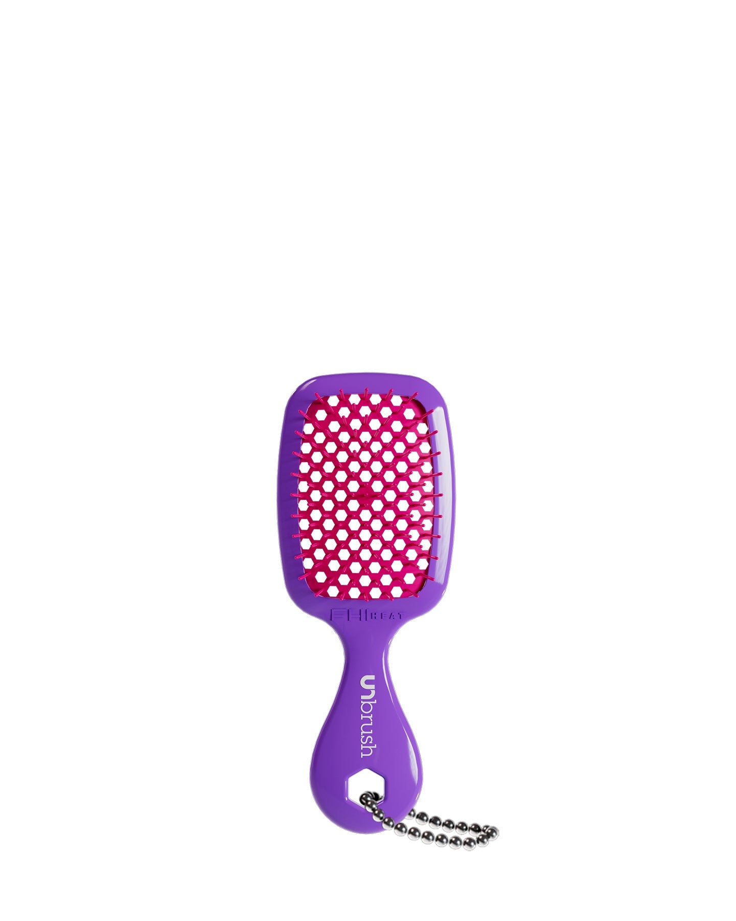 A hot purple UNbrush keychain with pink bristles, featuring a handle and chain
