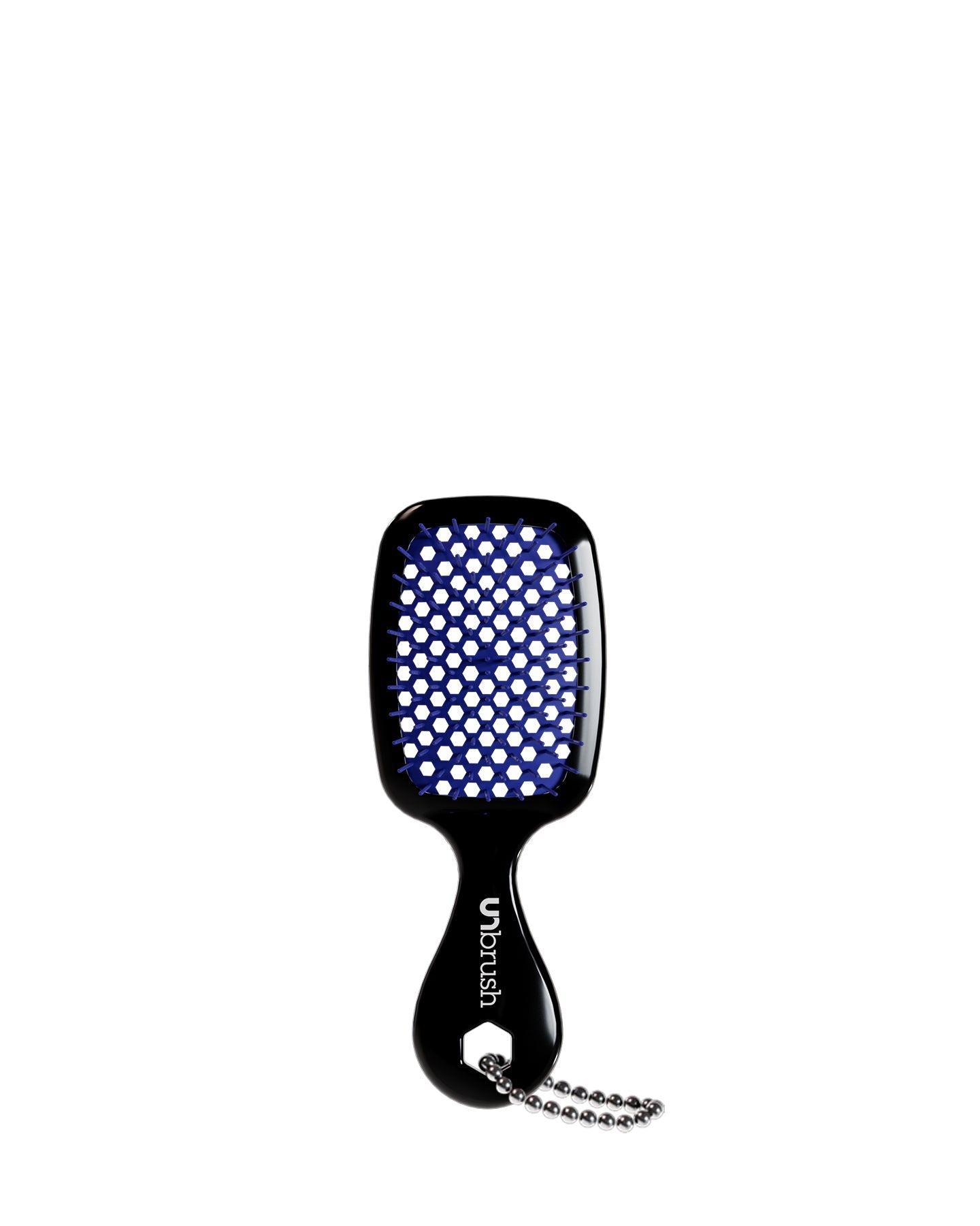 A black UNbrush keychain with blue bristles, featuring a handle and chain.