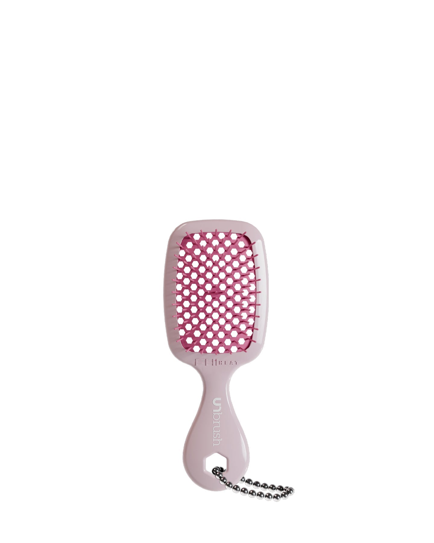 A light pink UNbrush keychain with pink bristles, featuring a handle and chain