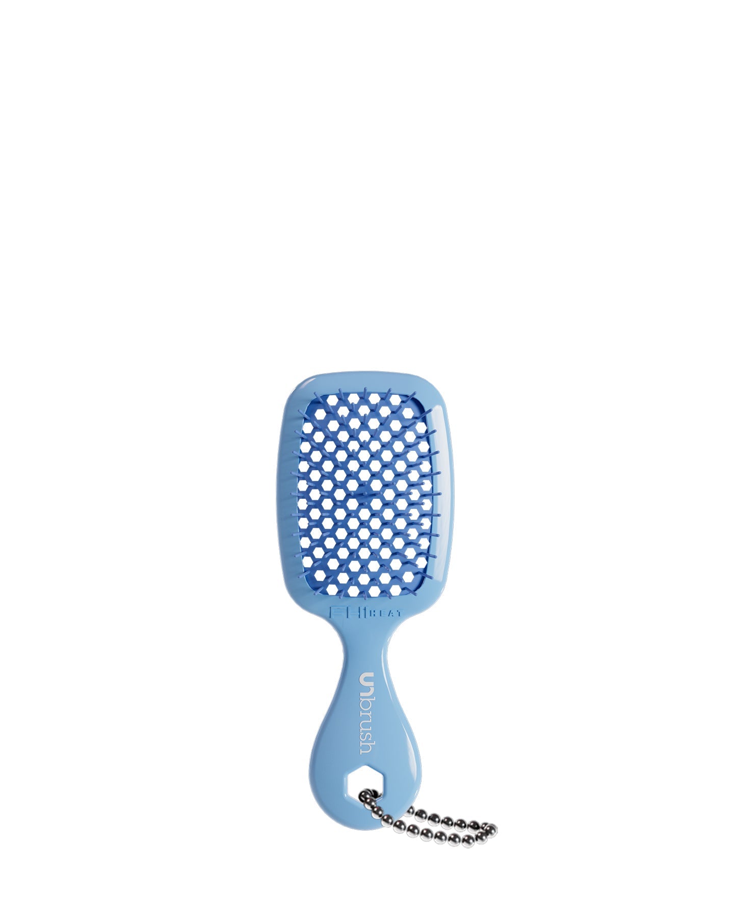 A light blue UNbrush keychain with blue bristles, featuring a handle and chain
